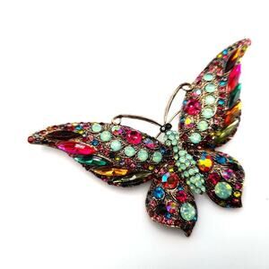 Large Butterfly Brooch, Multicolored Rhinestones, Gold Tone